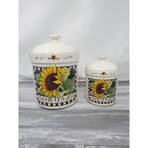 Lot Of 2 Ceramic Sunflower Farmhouse Country Canisters Susan Winget 7" & 6"